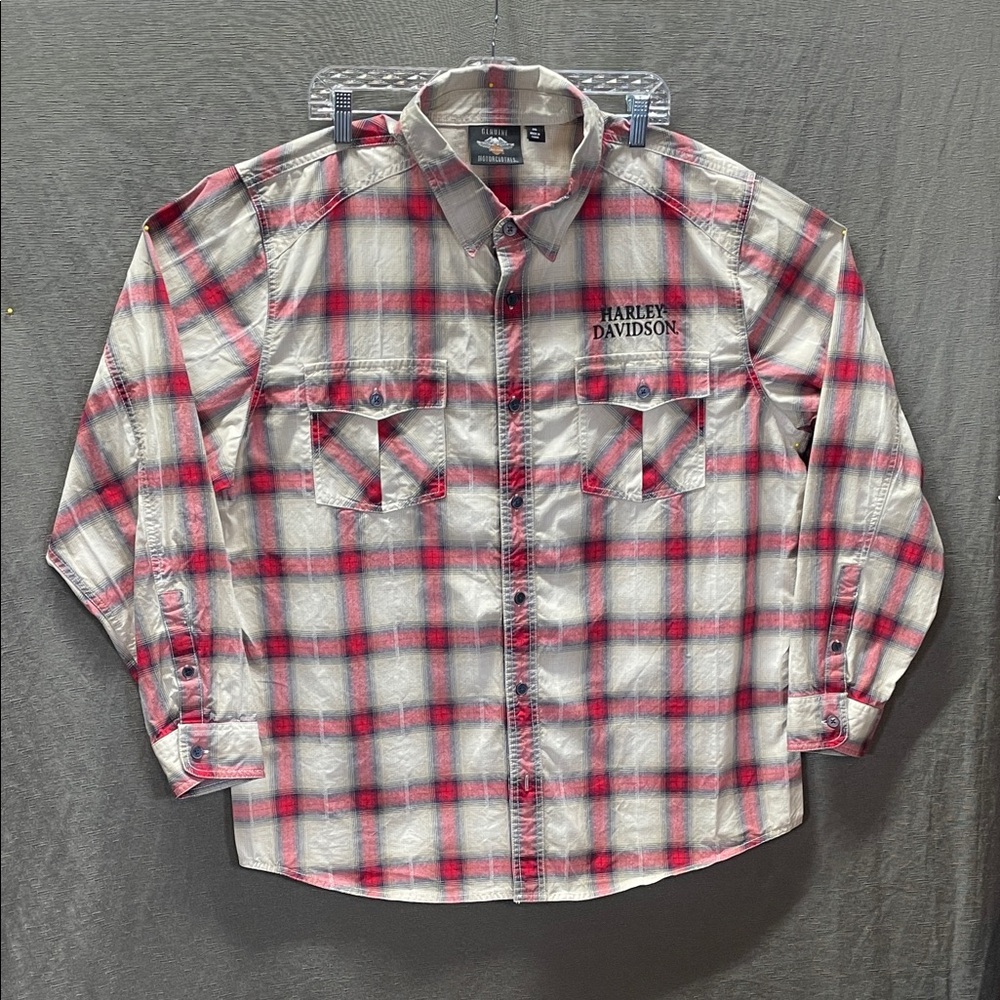 Harley-Davidson Men's Plaid Cotton Shirt in Red and White